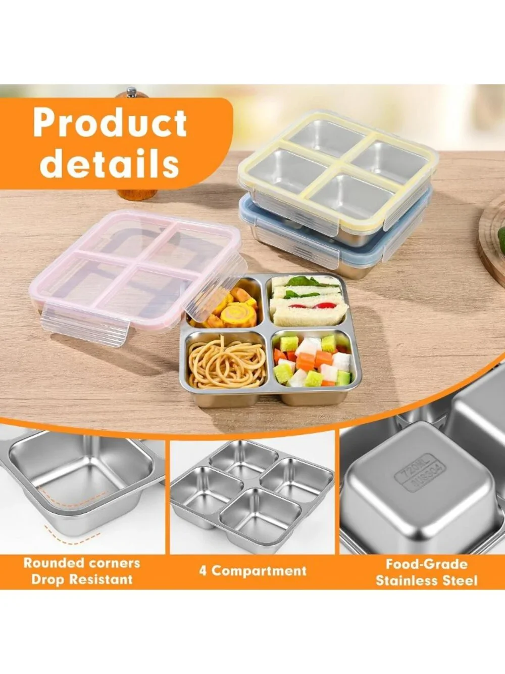 4 Pack Leakproof Stainless Steel Bento Snack Containers - Reusable Meal Prep